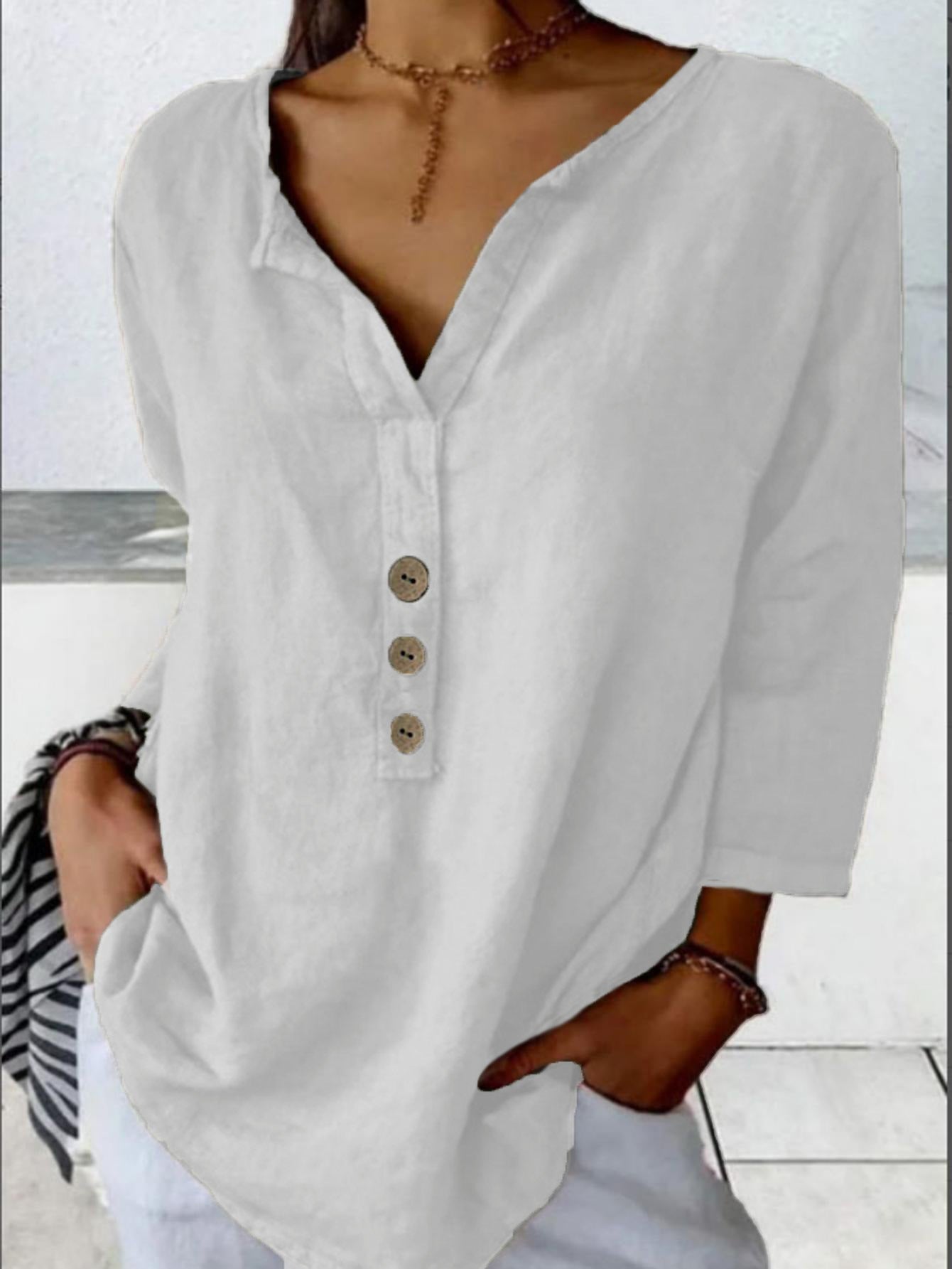 Solid Color Notched Collar Shirt Casual Button-down Shirt