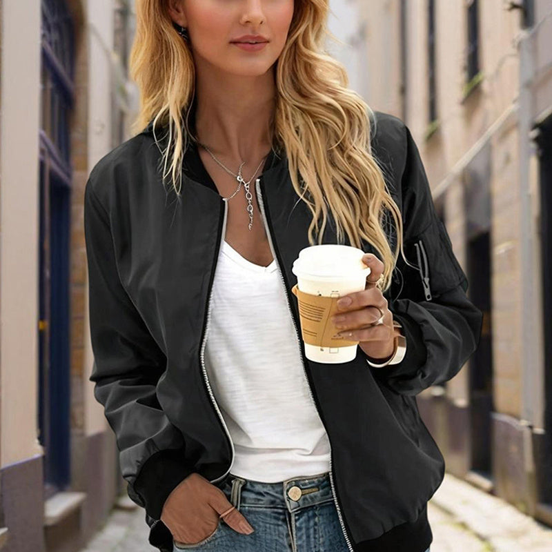 Women's Zippered Long-Sleeve Stand Collar Jacket Color-Blocked Spring & Fall Fashion Minimalist Top