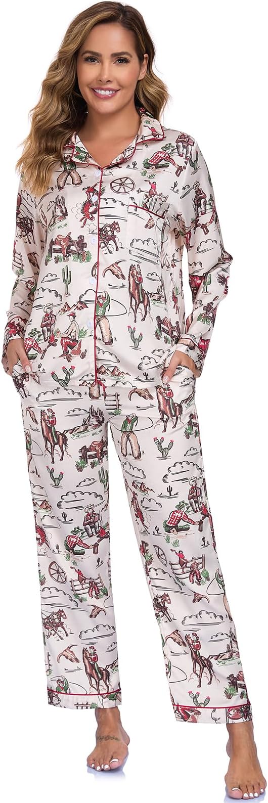 RONGTAI Womens Pajama Sets Button Down Long Sleeve Lapel Shirt With Pocket Matching Pj Pants Two Piece Loungewear Set