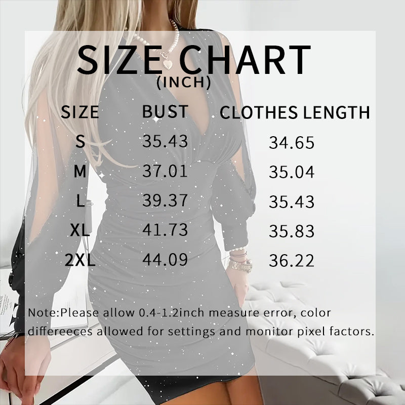 Women's Sexy Deep V-Neck Ruched Bodycon Mesh Long Sleeve Sparkling Party Cocktail Dresses