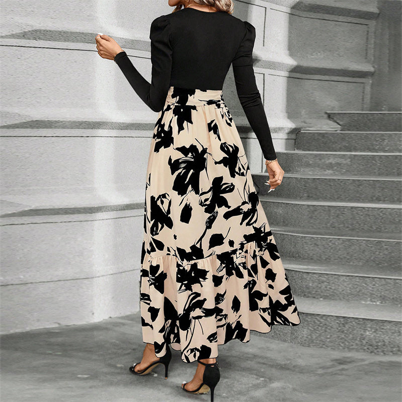 Women's Round Neck Long Sleeve Dress, Patchwork Print & Pleated Maxi Dress With Waist Bow For Spring & Fall