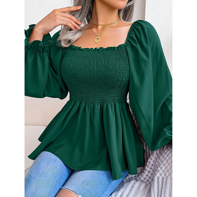 Women's Peplum Tops Square Neck Ruffle Trim Long Sleeve Blouse Smocked Top Dressy Casual Shirts