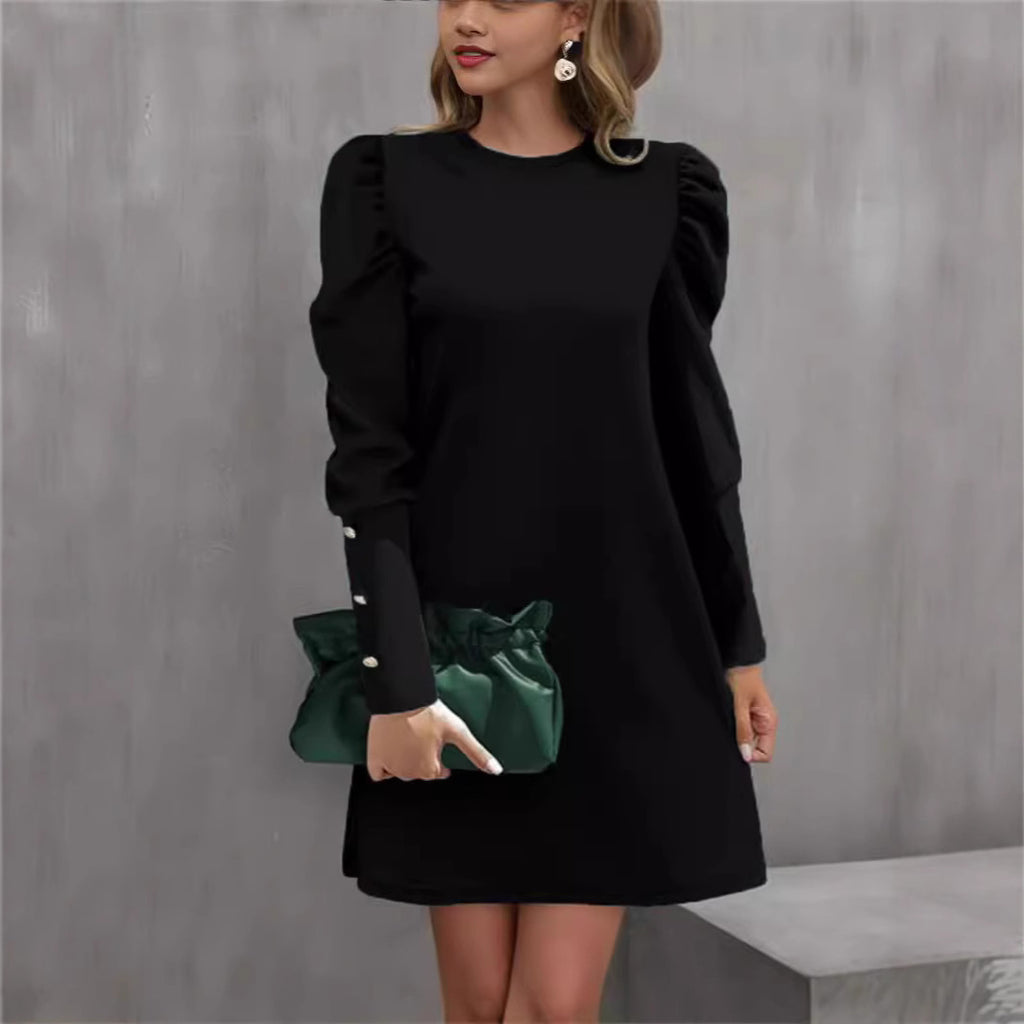 Autumn And Winter New Round Neck Bubble Sleeve Button Long Sleeve Dress
