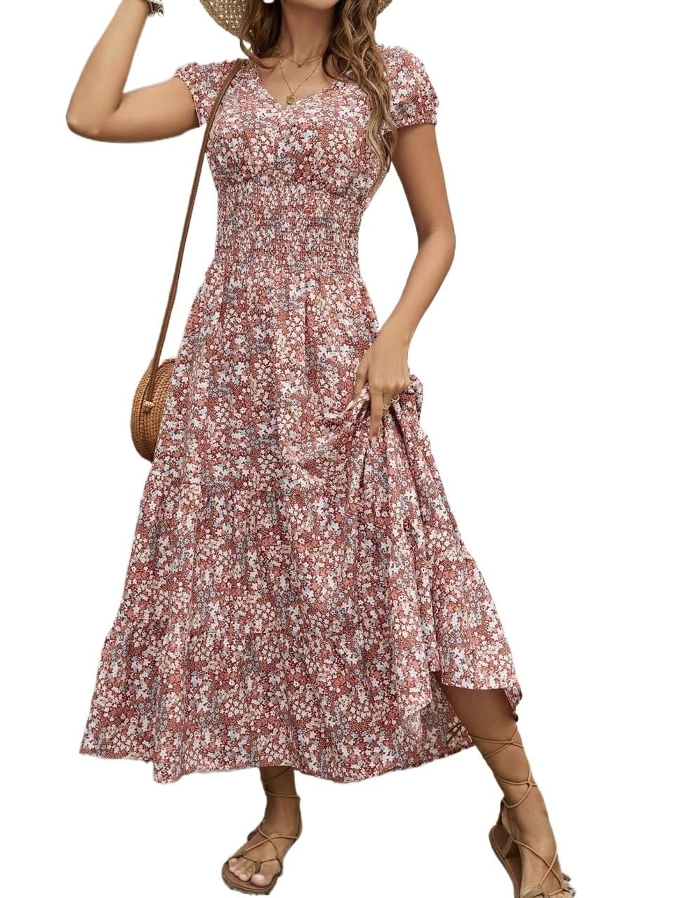 Blossom Chic V-Neck Floral Dress For Women - Soft, Breathable Polyester, Machine Washable, Easy Care, Perfect For Spring, Summer, And Fall Occasions, Everyday Wear, And Outdoor Activities