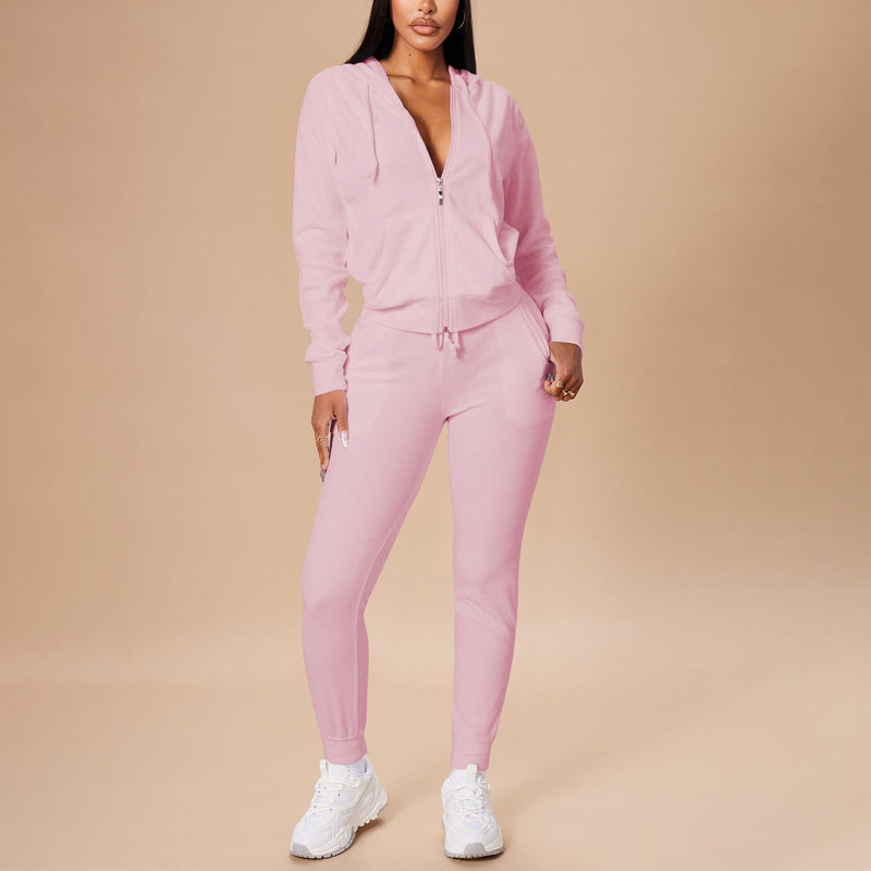 Women's Solid Color 2-Piece Set Zip Pocket Drawstring Hooded Crop Top & Slim Fit Pocket Pants - Ribbed Detail Casual Outfit
