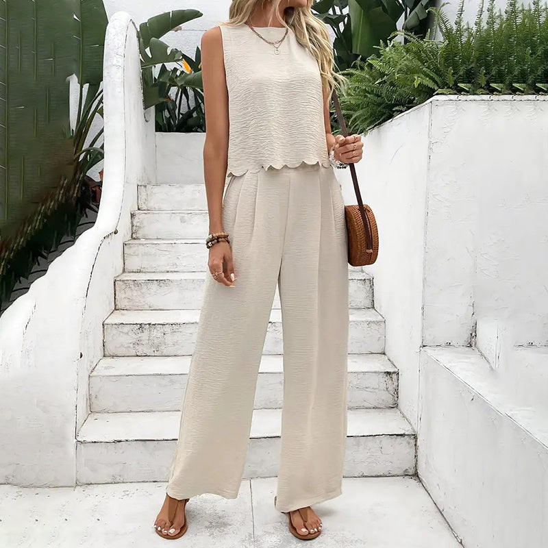Women's Elegant 2-Piece Matching Set, Sleeveless Crop Top And Wide Leg Pants Outfits