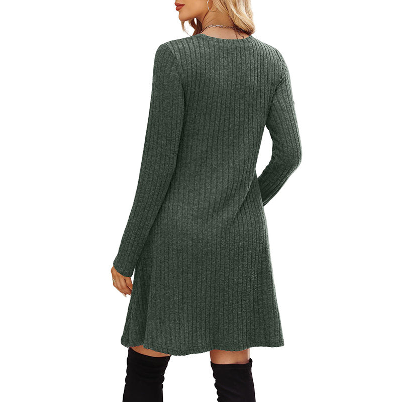 Women's Solid Color Long Sleeve Knit Dress Round Neck Pocket Shift Dress For Spring & Fall