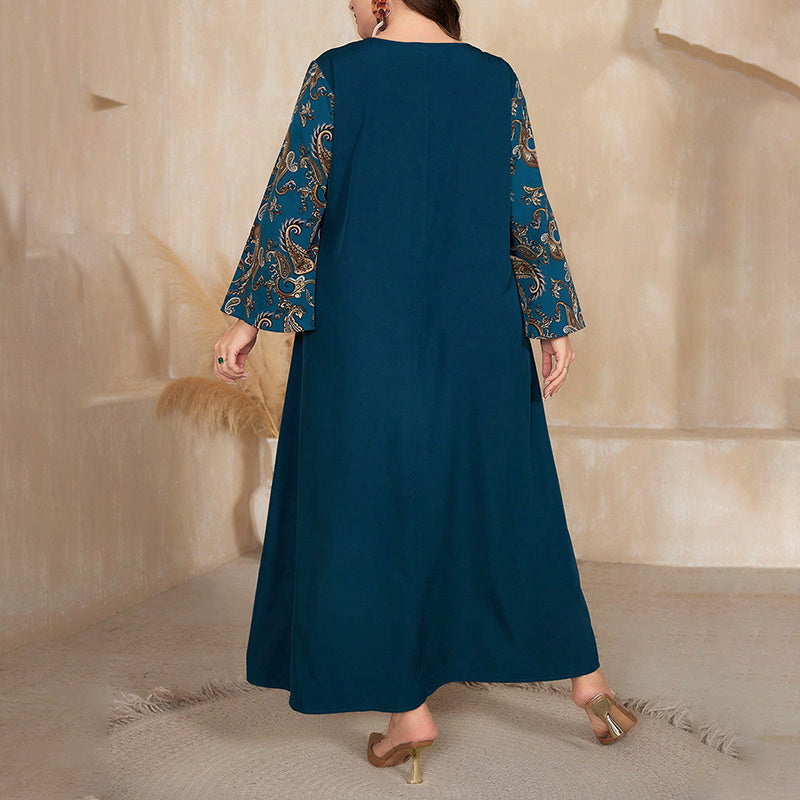 Women's Plus Size Bohemian Floral Printed Maxi Dress, Pleated Front Long Sleeve Crew Neck Loose Fit