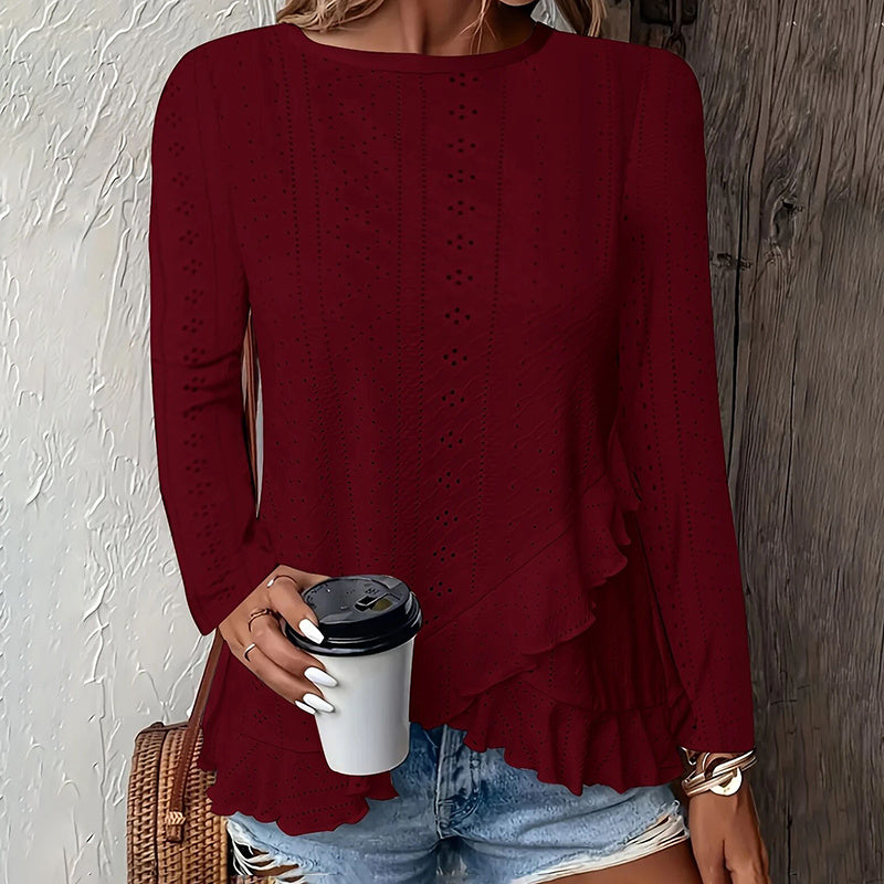 Women Eyelet Long Sleeve Tops Shirts Dressy Casual Crew Neck Ruffle Hem Blouses