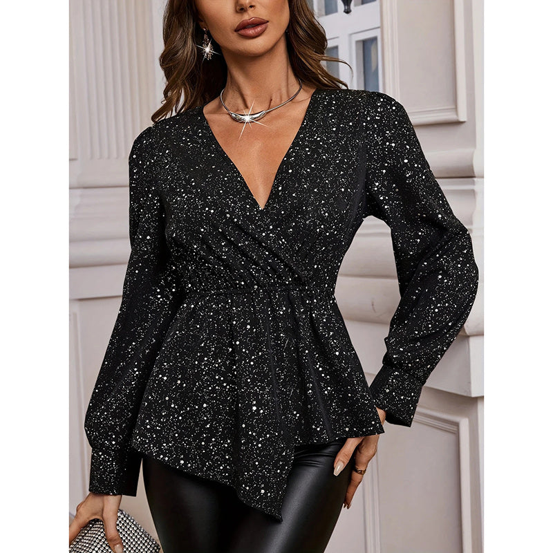 Womens Sparkly Tops Shiny Long Sleeve Ruched Asymmetrical Hem Sparkle Blouses Cocktail Party Evening Shirts
