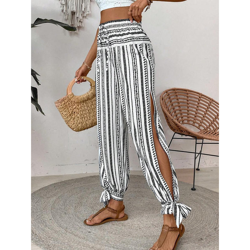 Women's Fashion Striped Long Pants Side-Slit Design Trendy Casual Trousers