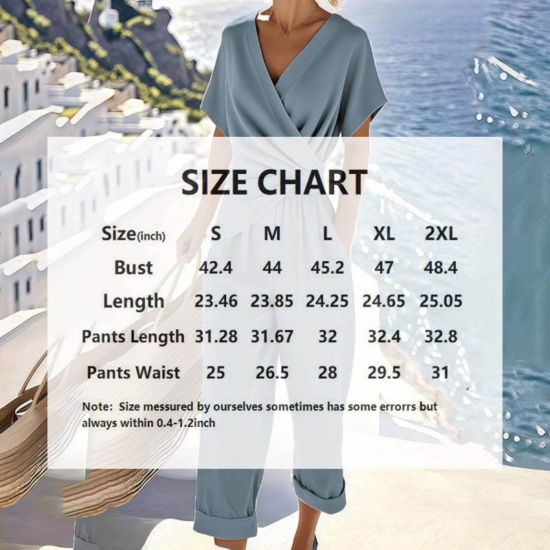 Women's Fashion Solid Color 2-Piece Set Short Sleeve Cross V-Neck Top With Ruched Detail & Wide Leg Jumpsuit With Pockets
