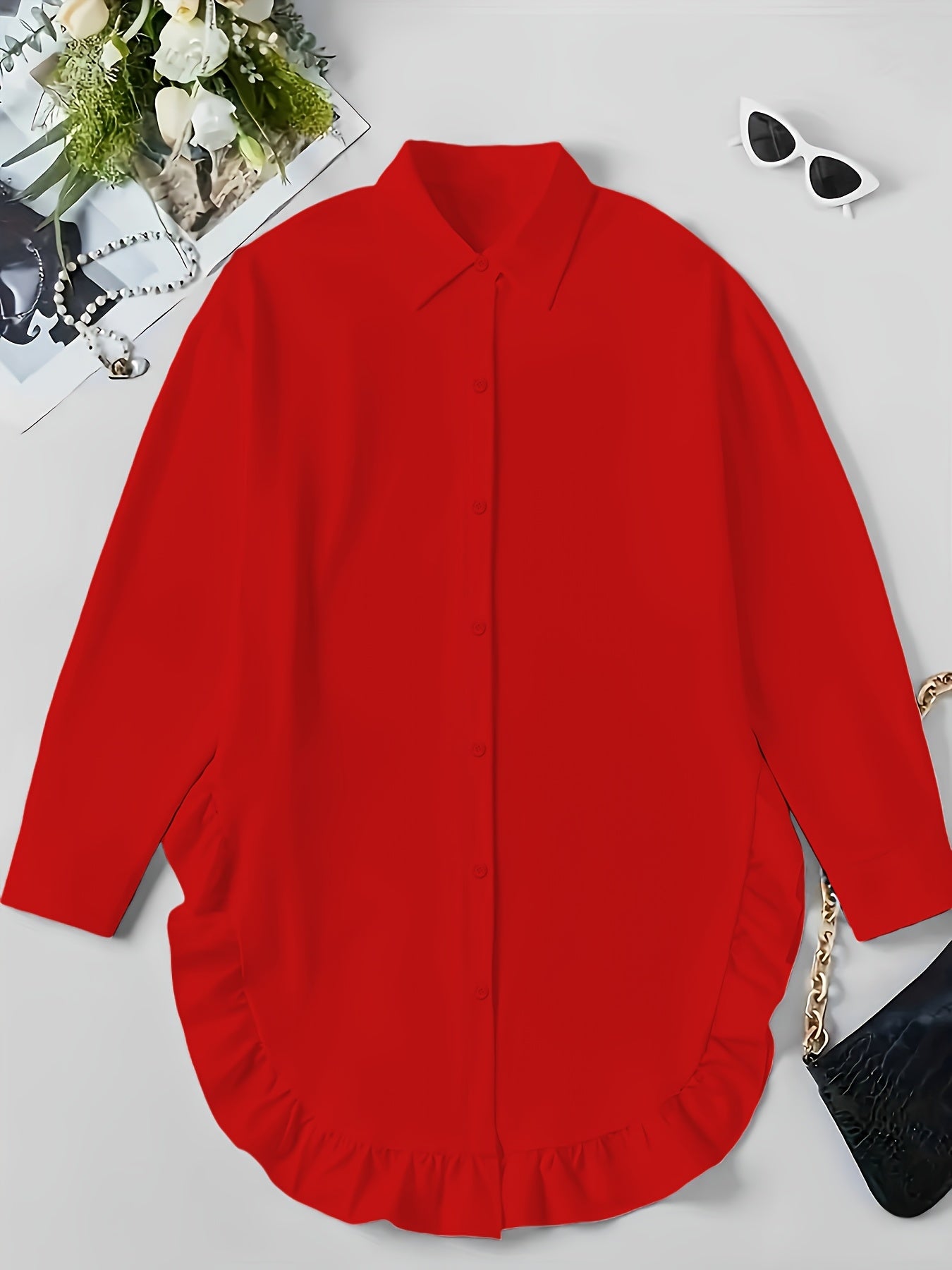 Women's Plus Size Casual Shirt With Ruffle Hem, Solid Color, Woven Polyester, Non-Stretch, Pointed Collar, Button Front, For All Seasons