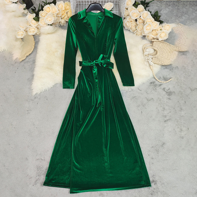 Women's Velvet Maxi Dress, Fall Long Sleeve Lapel V-Neck Casual Dress With Belt
