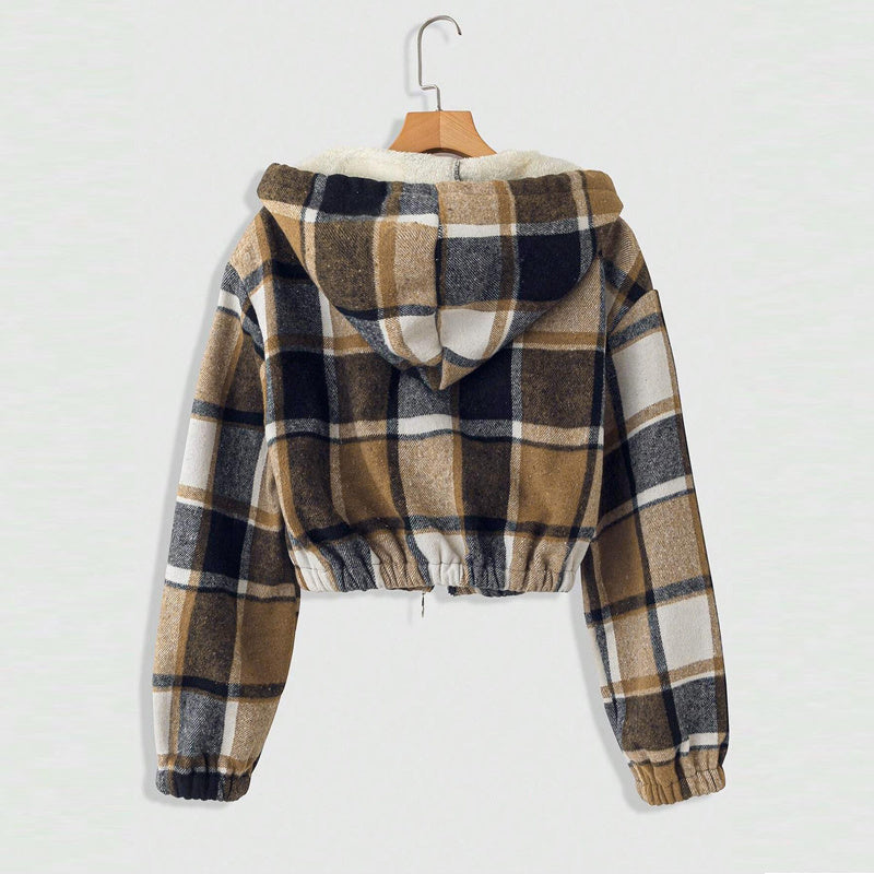 Women's Elegant Plaid Hooded Jacket, Full-Zip Lightweight Coat For Winter Casual Wear