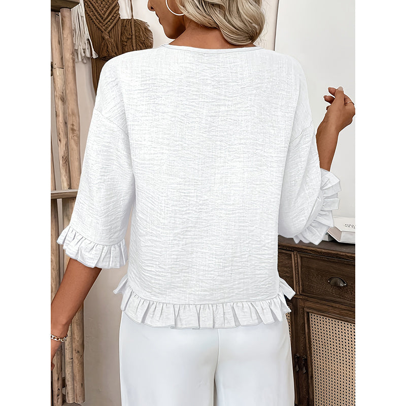 Womens 3 4 Length Sleeve Tops Loose Fit Casual Crew Neck Shirts Ruffle Tunic Blouses