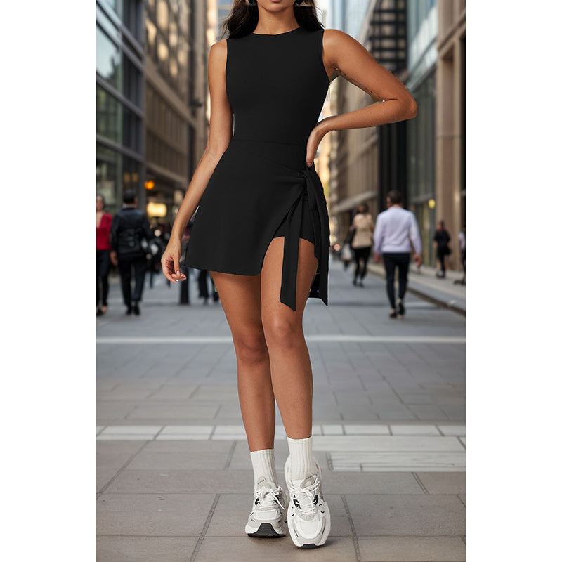 Womens High Neck Tennis Dress Sleeveless Wrap Skirt Built In Shorts Golf Athletic Dress Workout Rompers