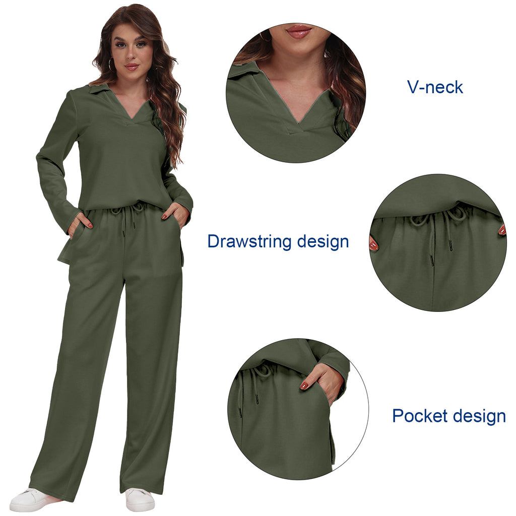 RONGTAI 2 Piece Outfits Sweatsuit For Women Casual Long Sleeve V Neck Pullover Tracksuit Solid Soft Comfy Tracksuits Set