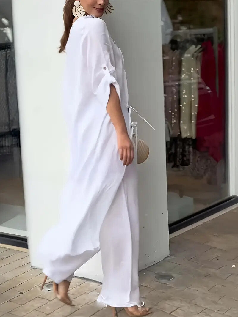 Women's Solid Color Wood Button Asymmetrical Set - Off-Shoulder Relaxed Loungewear Outfits For Spring&Summer