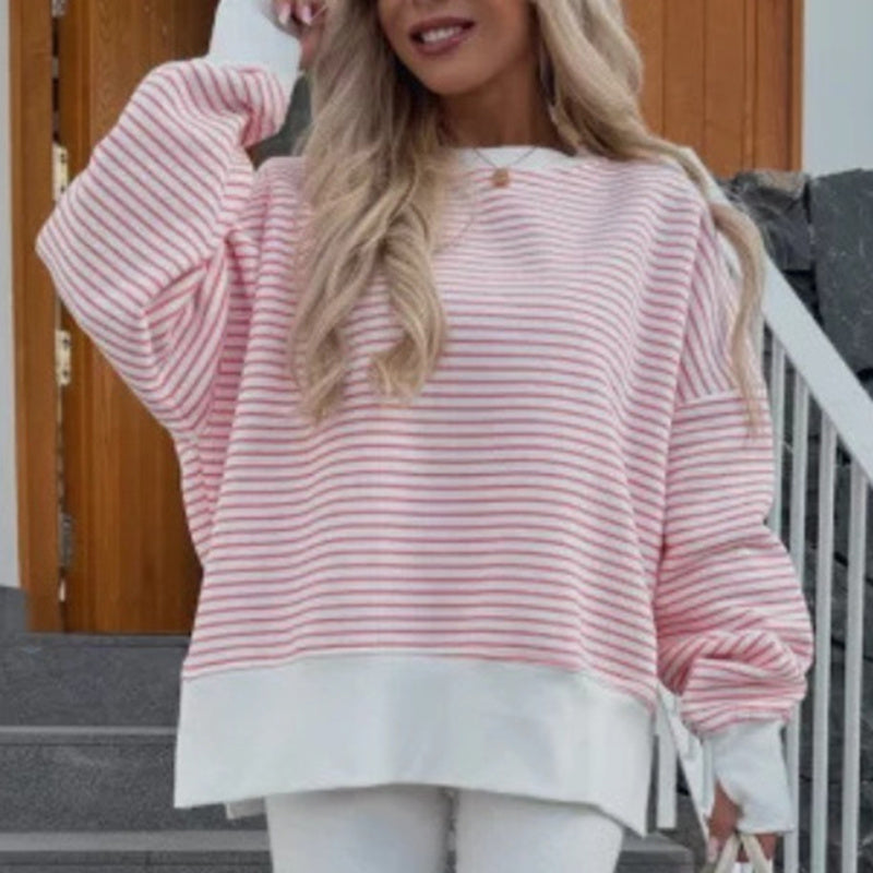 Women's Striped Sweatshirt Size Slit Long Sleeve Shirts For Women Crewneck Hoodies Casual Pullover Top