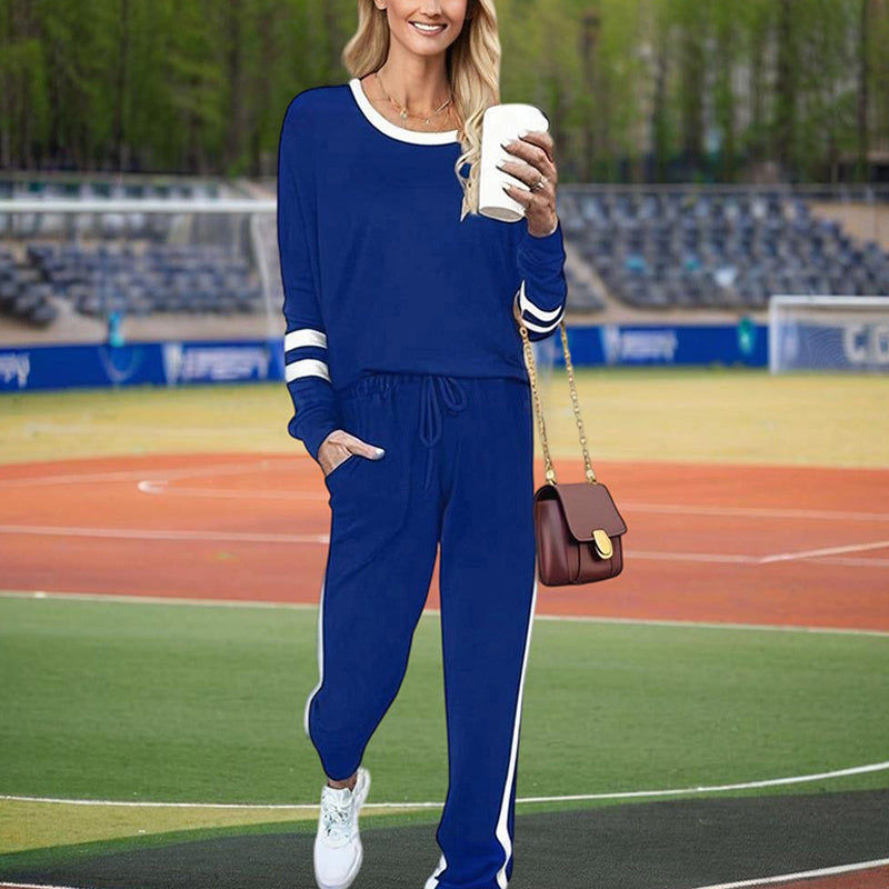 Women's Casual Striped Tracksuit Set, Long Sleeve Crewneck Sweatshirt And Drawstring Jogger Pants, 2-Piece Outfit For Spring And Fall