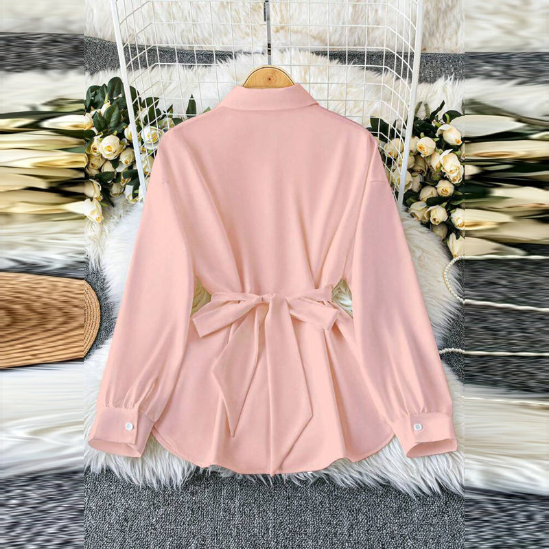 Women's Elegant Lapel Button-Down Top With Adjustable Metal Waist Belt Solid Color Loose Fit Blouse For Casual & Office Wear