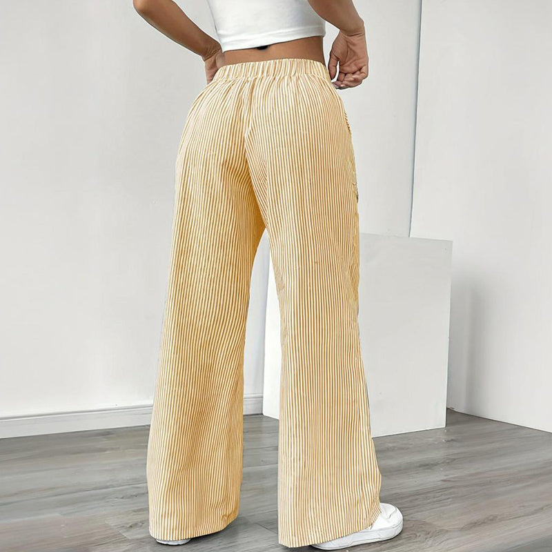 Women's Striped Print Straight Wide Leg Pants Drawstring Waist Slant Pockets Pants Casual Long Pants