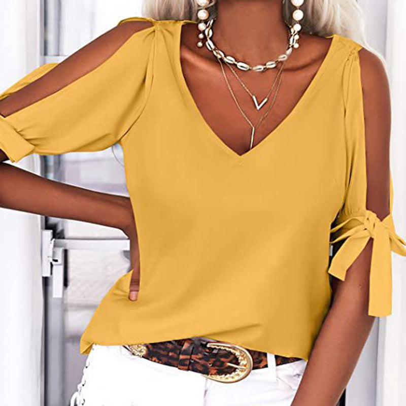 Womens Summer Cold Shoulder Tops Short Sleeve Tie Knot V Neck T Shirts Blouses