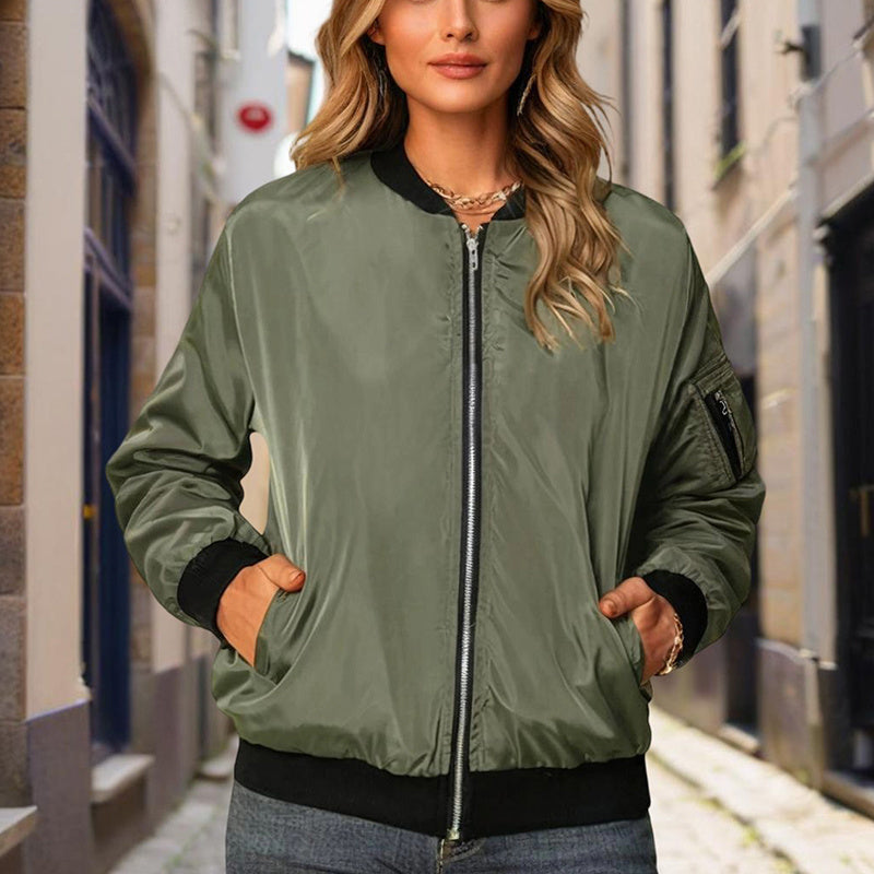 Women's Zippered Long-Sleeve Stand Collar Jacket Color-Blocked Spring & Fall Fashion Minimalist Top