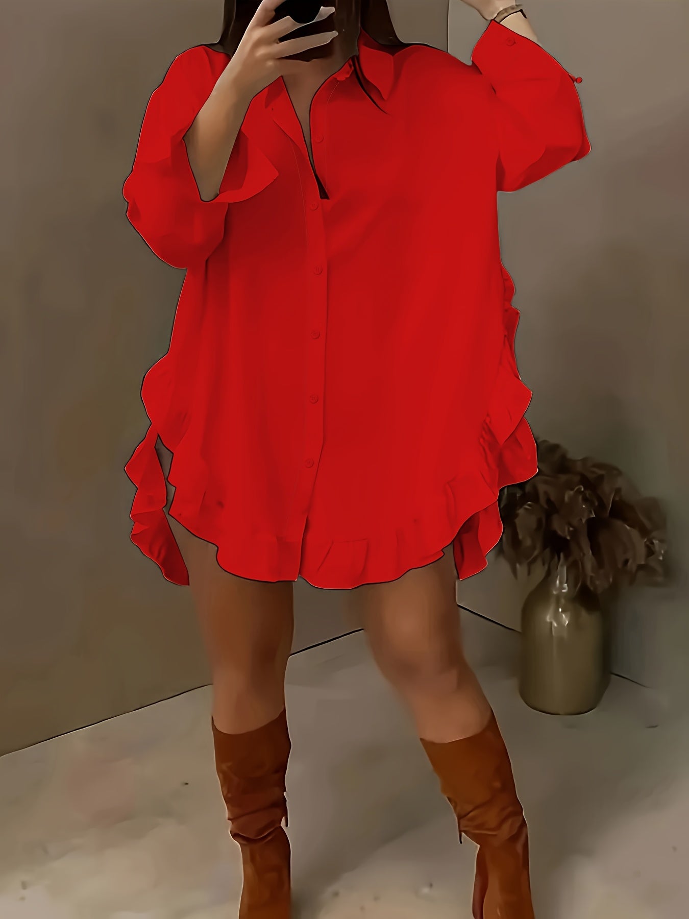 Women's Plus Size Casual Shirt With Ruffle Hem, Solid Color, Woven Polyester, Non-Stretch, Pointed Collar, Button Front, For All Seasons