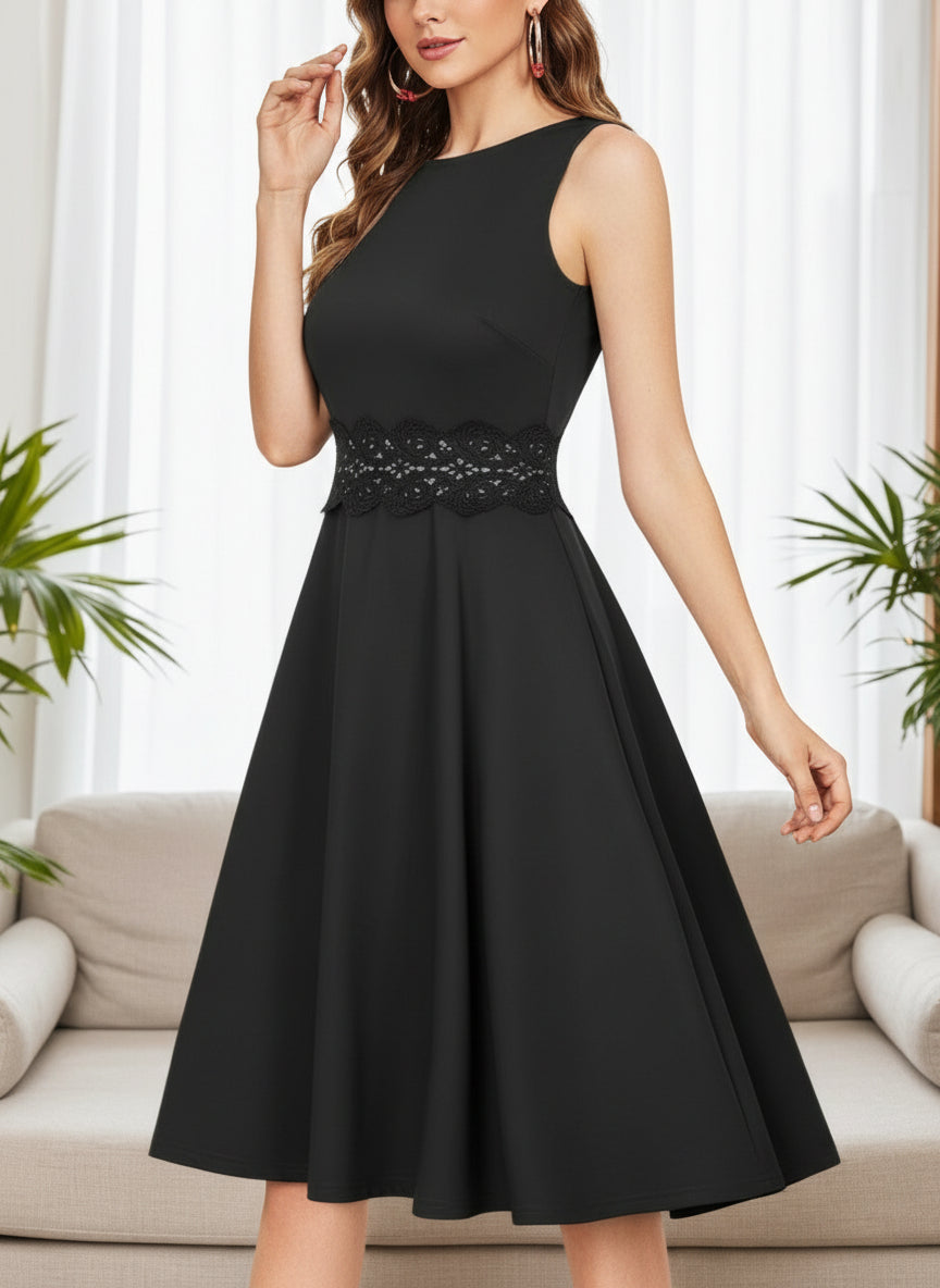 2025 Women's New Retro Style Pocket Pleated Floral Lace Horn A-line Skirt Casual Party Cocktail Dress Sleeveless