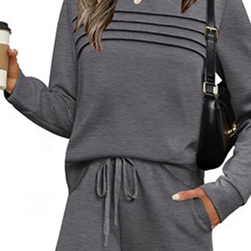 Women's Solid Color 2-Piece Set, Crew Neck Long Sleeve Ruffle Design Top With Tie-Waist Wide Leg Pants For Spring And Fall