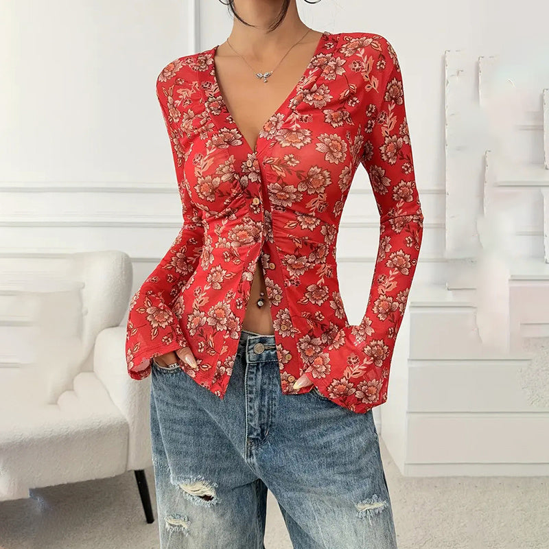 Women Button Down Floral Shirts 2025 Fall Trendy Long Sleeve V Neck Ruched Fitted Blouse Tops