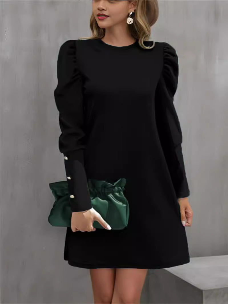 Autumn And Winter New Round Neck Bubble Sleeve Button Long Sleeve Dress