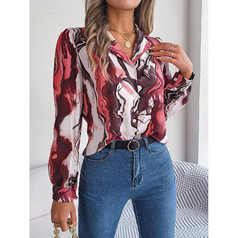 Women Fashion Button Down Shirts V Neck Printed Long Sleeve Blouses Dressy Casual Fall Tops