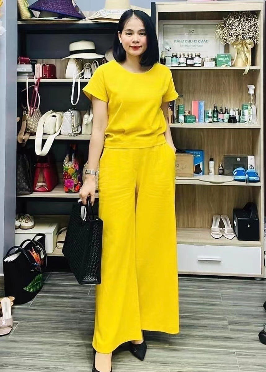 European And American Women's Linen Casual Loose Solid Color Suit Two-piece Women