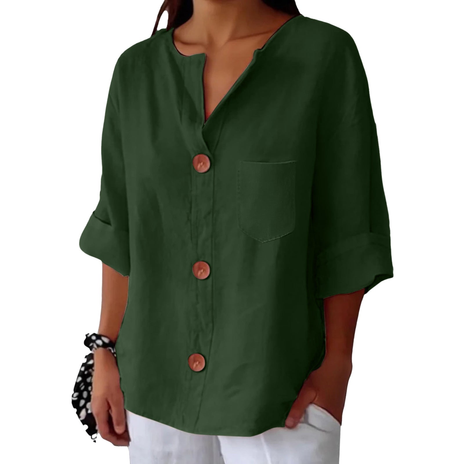 New Style Loose T-shirt For Women With V-neck, Made Of Cotton And Linen, Buttoned Top.