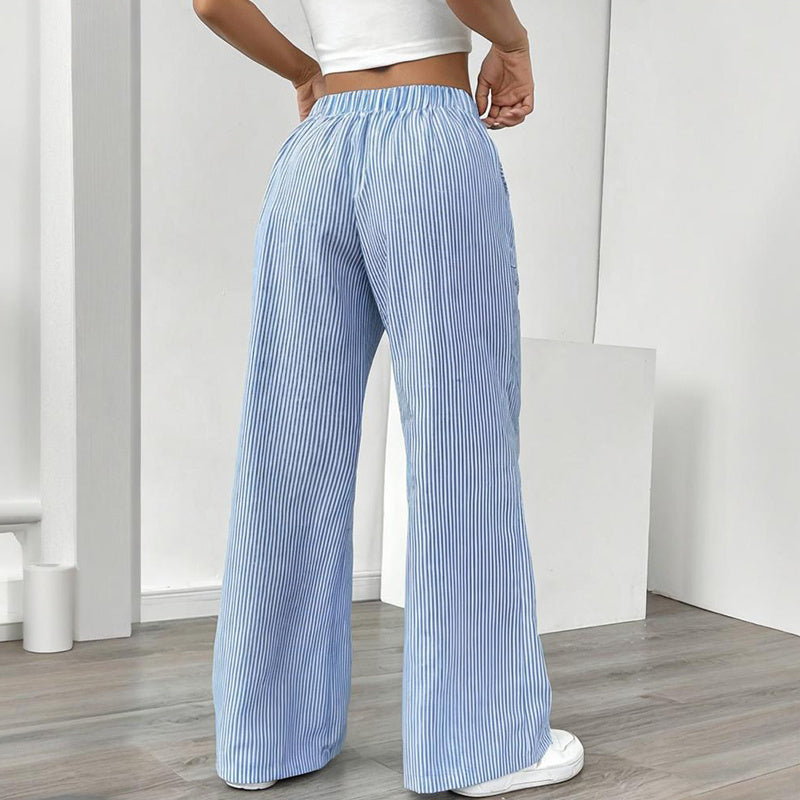 Women's Striped Print Straight Wide Leg Pants Drawstring Waist Slant Pockets Pants Casual Long Pants