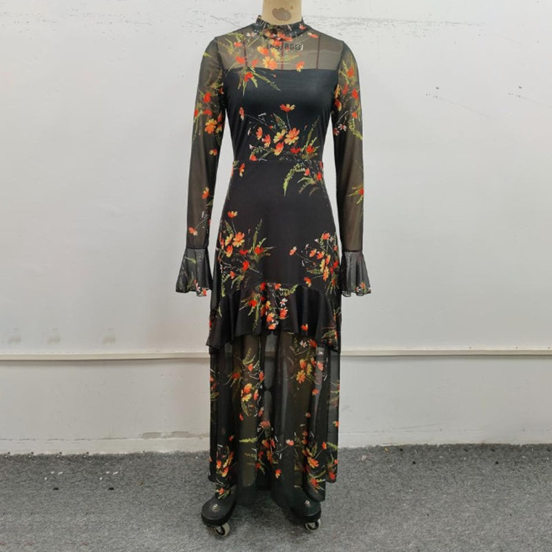 Women's Floral Print Maxi Dress, Sheer Mesh Flare Sleeve With Tiered Ruffle, Romantic Boho Casual Long Dress