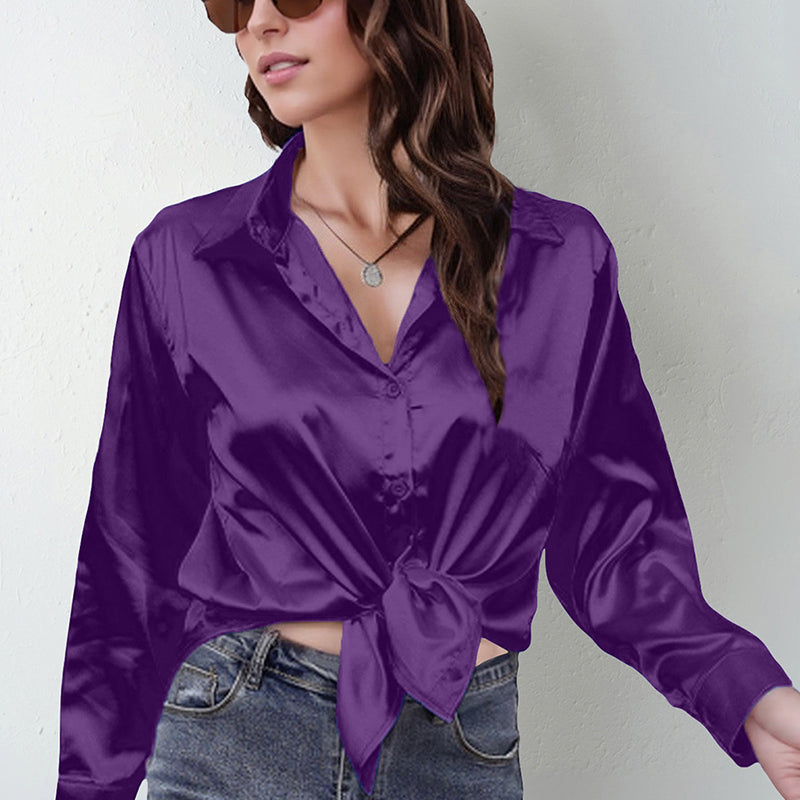 Women's Elegant Satin Lapel Shirt, Long Sleeve Button-Down Blouse For Casual And Office Wear