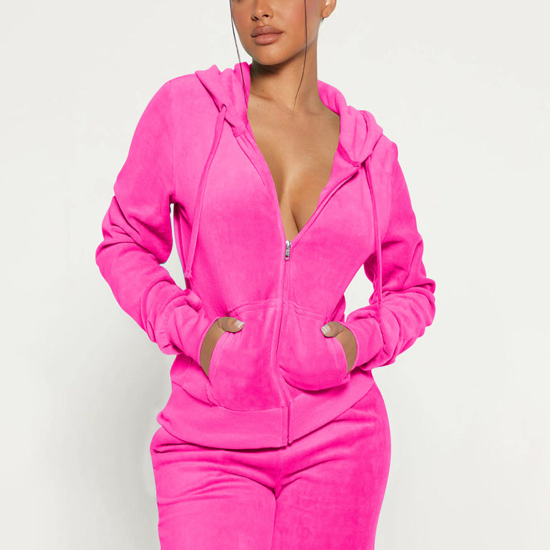 Women's Solid Color 2-Piece Set Zip Pocket Drawstring Hooded Crop Top & Slim Fit Pocket Pants - Ribbed Detail Casual Outfit