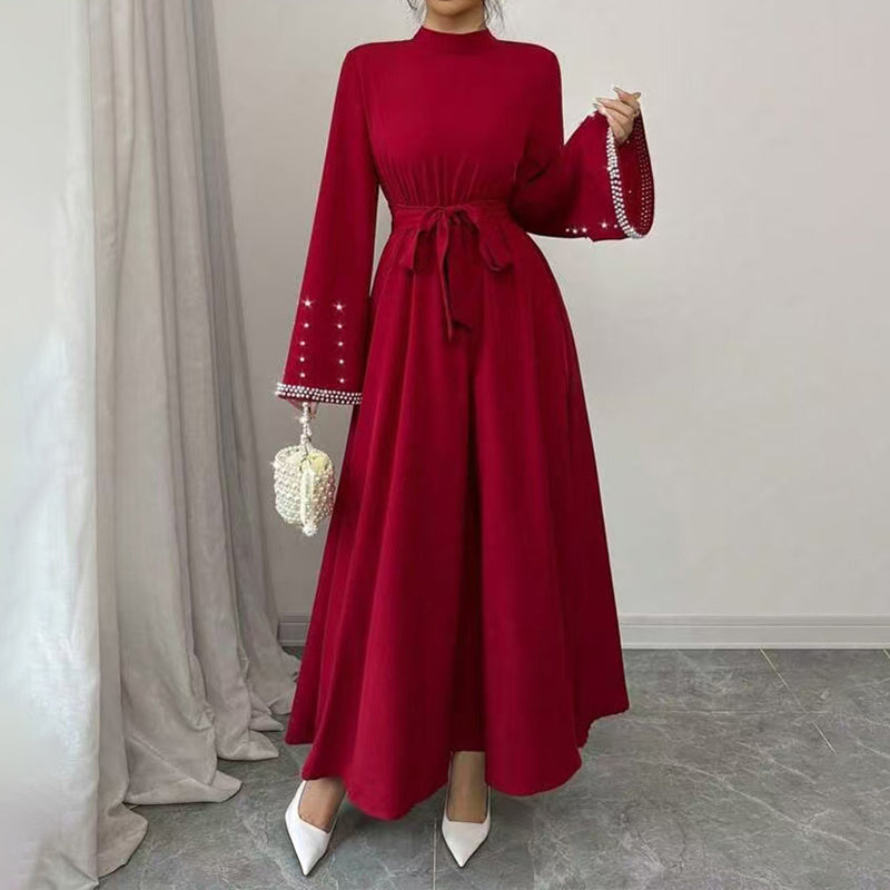 Women's Elegant Long Sleeve Maxi Dress - Sparkling Embellished High Neck Formal Gown With Waist Belt, Flowy Evening Dress For Vacation & Special Occasions