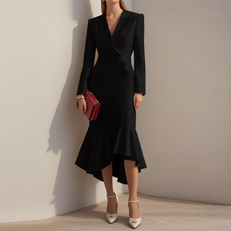 Women's Solid Color Notch Lapel Mermaid Dress Bodycon Office Dress With Asymmetrical Hem For Formal Events