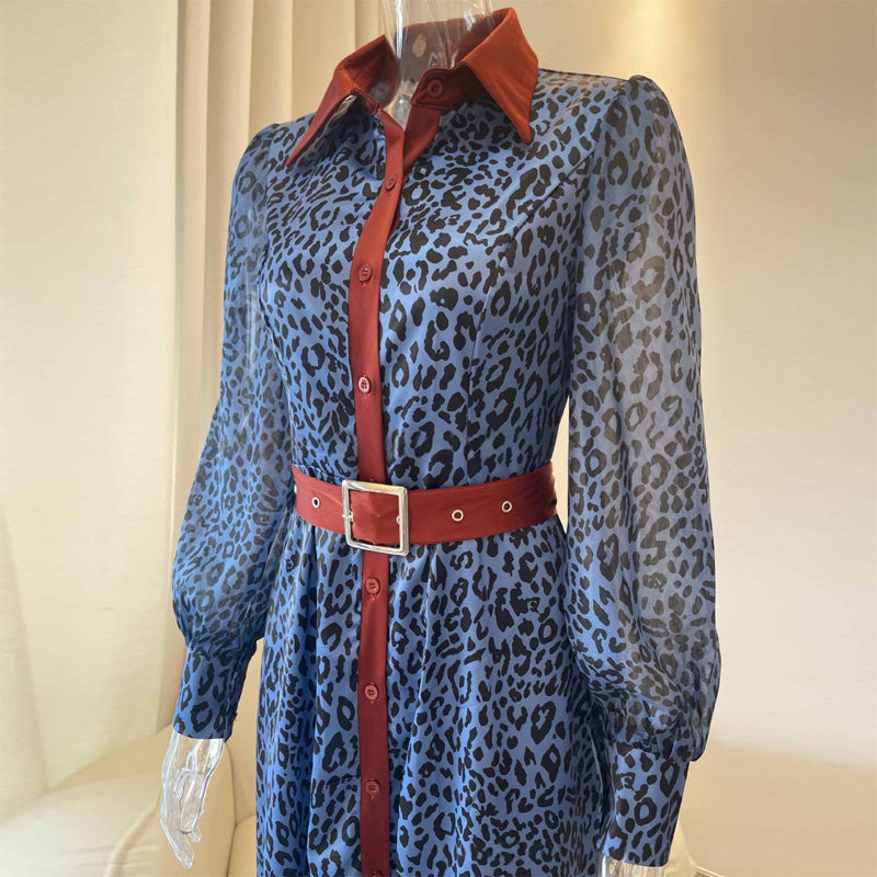 Women's Fashion Leopard Print Lapel Dress Long Sleeve Button-Down Maxi Dress For Spring Fall