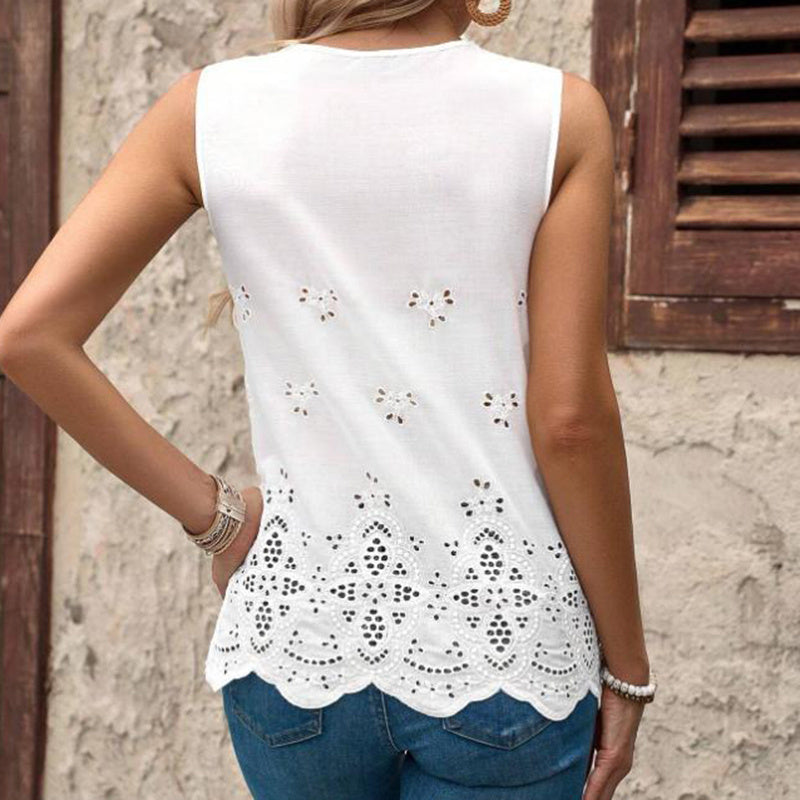 Women's Embroidered Eyelet Tops Notched Neck Sleeveless Lace Trim Blouses Shirts