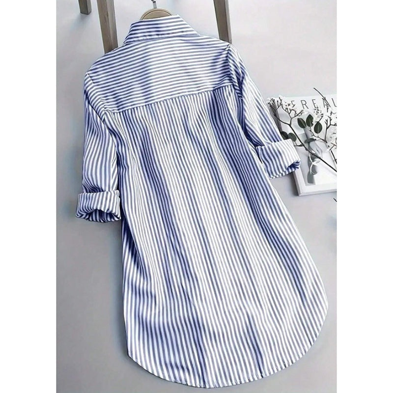 Women Oversized Button Down Striped Shirts Casual Long Sleeve Boyfriend Blouse Top