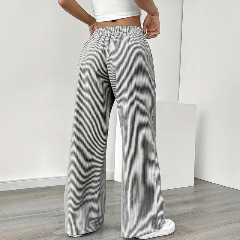 Women's Striped Print Straight Wide Leg Pants Drawstring Waist Slant Pockets Pants Casual Long Pants