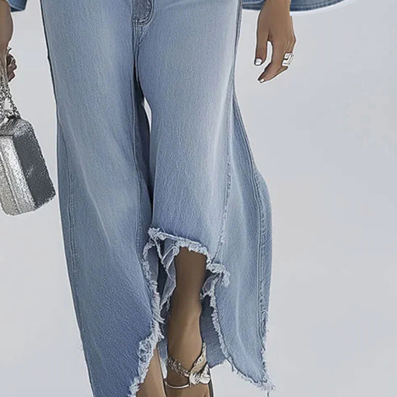 Women's Fashion Denim Solid Color Jumpsuit With Bell Sleeves & Deep V-Neck, Button Front Design & Asymmetric Hem For Casual & Party Wear