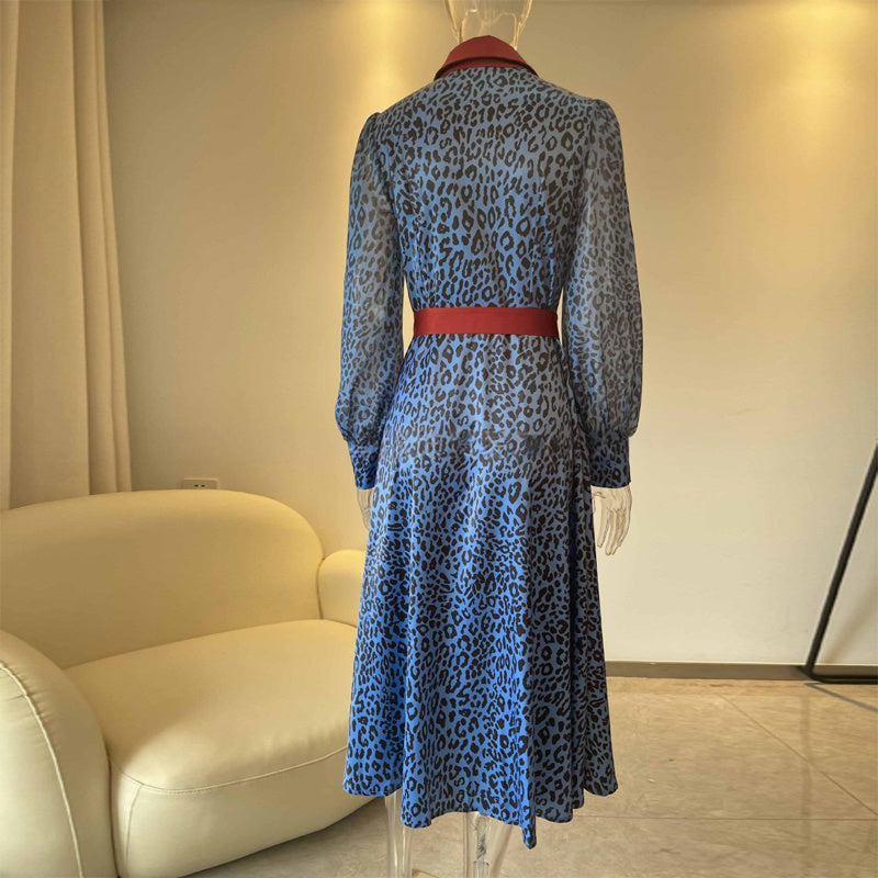 Women's Fashion Leopard Print Lapel Dress Long Sleeve Button-Down Maxi Dress For Spring Fall