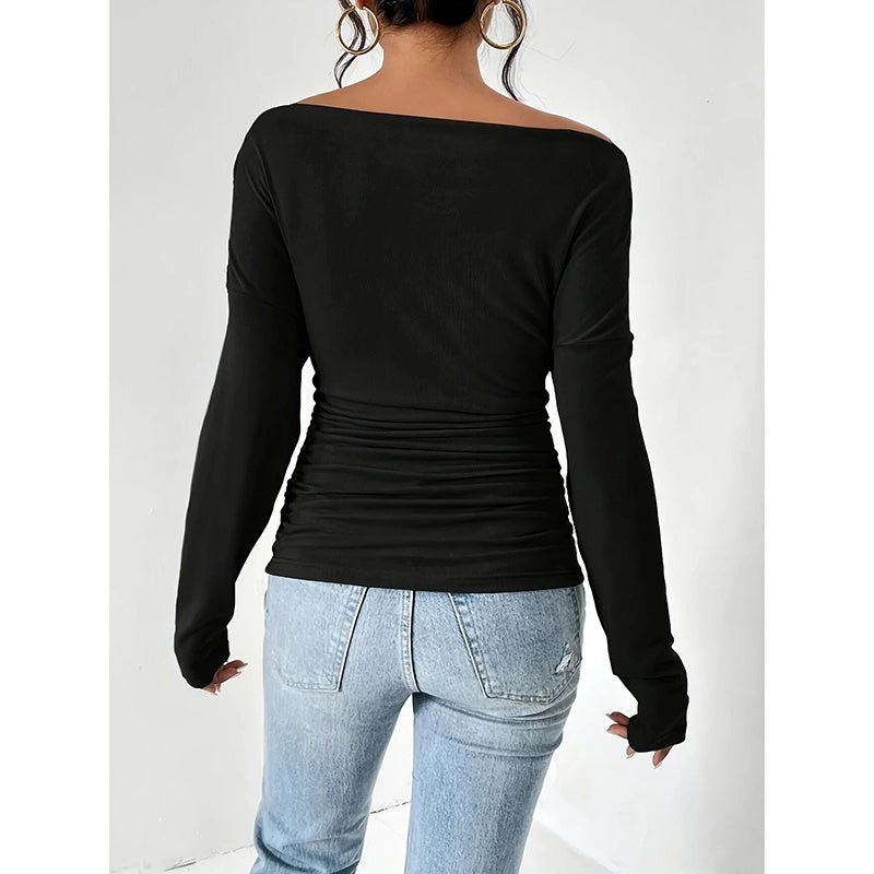 Women's Off The Shoulder Tops Long Sleeve T Shirts Going Out Tops Casual Trendy Ruched Slim Fitted Tees